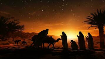 kväll öken- nativity scen under jul. silhuett begrepp foto