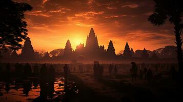 suddig bild av prambanan tempel på solnedgång med ljud och spannmål. silhuett begrepp foto