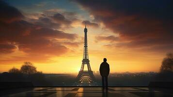 silhouetted man i främre av de eiffel torn paris Frankrike foto