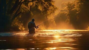 silhuett av en fiskare i de flod under en skön morgon- med gyllene solljus foto