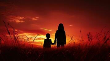 två barn konturer i främre av röd himmel och gräs. silhuett begrepp foto