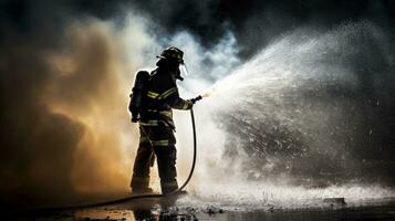 brandmän använder sig av hög tryck vatten till släcka bränder och spara liv. silhuett begrepp foto