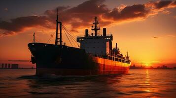silhuett av frakt fartyg under solnedgång foto