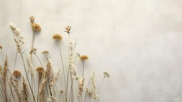 platt lägga av torkades fält blommor med skugga projiceras på en grå texturerad bakgrund isolerat minimal handgjort eco natur begrepp för bloggare. silhuett begrepp foto