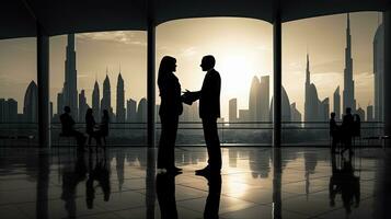 företag individer är har en svart och vit konversation i dubai till form en partnerskap avtal. silhuett begrepp foto