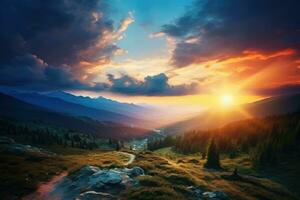 majestätisk solnedgång i de bergen landskap. dramatisk himmel. karpaterna, Ukraina, Europa. skönhet värld. skön solnedgång i de berg. solnedgång på de topp av vandra. solnedgång i de dal, ai genererad foto