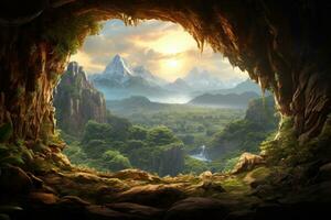 skön fantasi landskap i en grotta med en se av de berg, skön bergstopp landskap se från en stor grotta, ai genererad foto