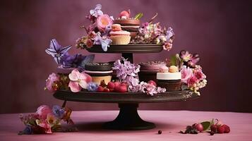miniatyr- choklad kakor, dekorerad med ätlig blommor. generativ ai foto