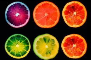 skivor av citron, kalk, orange och grapefrukt på en svart bakgrund. ai generativ foto