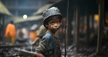 en minderårig barn är arbetssätt på hård tillstånd värld dag mot barn arbetskraft ai generativ foto