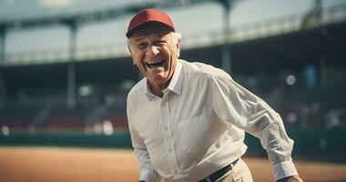 ett äldre man är skrattande på en baseboll fält genererad förbi ai foto