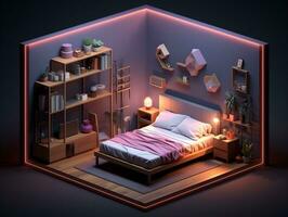 låg-poly isometrisk estetisk sovrum, små 3d rum med rgb belysning generativ ai foto