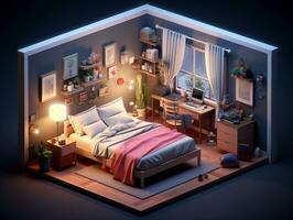 låg-poly isometrisk estetisk sovrum, små 3d rum med rgb belysning generativ ai foto