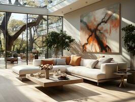 ett elegant modern Hem interiör med minimalistisk design och stor golv till tak fönster generativ ai foto