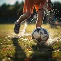 barn spelar fotboll på de fält. liten pojke sparkar en fotboll boll. foto