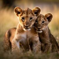 lejon ungar med mor i masai mara nationell parkera. ai generativ foto