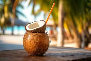 fri Foto kokos cocktail med dricka sugrör på en handflatan träd i de strand fotografi ai generera