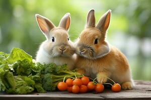 två kaniner knapra på två morötter i de trädgård. foto