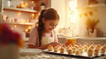 en skön flicka av 10 år gammal bakar muffins med henne mor i en kök. foto