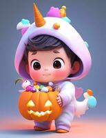 3d söt liten pojke med rolig enhörning kostym för halloween fest foto