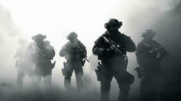 särskild krafter soldat i verkan med överfall gevär på dimmig bakgrund. foto