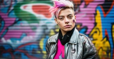 genderqueer modell mot graffiti vägg. foto