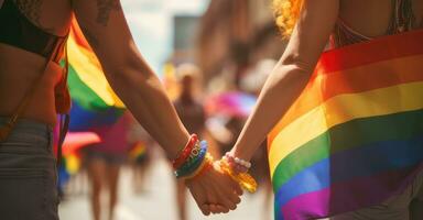 lesbisk par på stolthet parad, flaggor fladdrande. foto