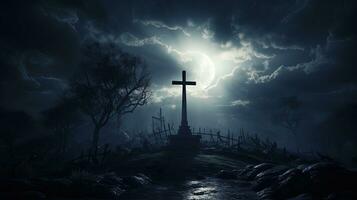 månljus kyrkogård med en korsa. silhuett begrepp foto