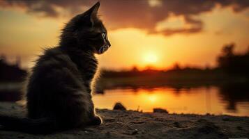 söt katt på väg med solnedgång bakgrund ser på underbar solnedgång. silhuett begrepp foto