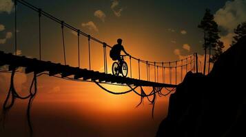 cykel skugga på suspension bro. silhuett begrepp foto