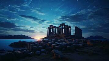 poseidon s tempel under en natt himmel fylld med stjärnor. silhuett begrepp foto