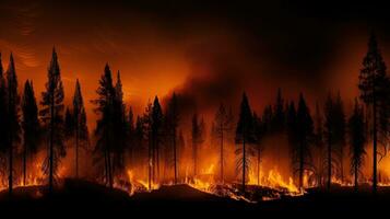 nattetid skog brand ett olyckligt naturlig händelse. silhuett begrepp foto