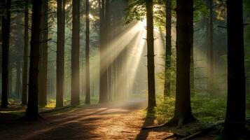 solljus filtrering genom de träd i en skog. silhuett begrepp foto