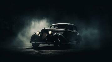 selektiv fokus på mörk bakgrund visa upp en årgång bil silhuett med lysande lampor i låg ljus foto