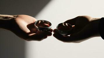 kreativ begrepp av stänga upp bröllop ringar hölls förbi en man med skugga och kopia Plats. silhuett begrepp foto