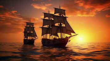 två båtar cruising på solnedgång. silhuett begrepp foto