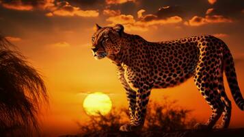 solnedgång bild av en snabbt afrikansk katt. silhuett begrepp foto
