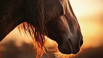 häst s huvud i solnedgång s glöd. silhuett begrepp foto