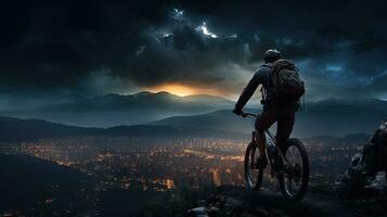 en cyklist förbi de stad lampor atop en berg. silhuett begrepp foto