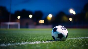 fotboll boll på grön gräs av fotboll stadion på natt med lampor foto