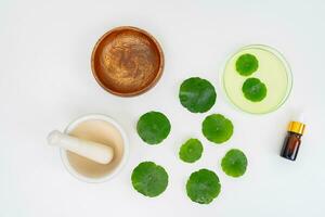 topp se glas bägare som innehåller vatten och centella asiatica dekorerad med erlenmeyer flaska och runda podium foto