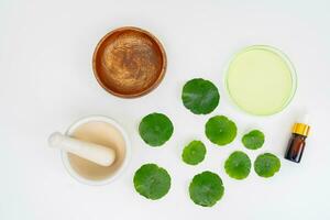 topp se glas bägare som innehåller vatten och centella asiatica dekorerad med erlenmeyer flaska och runda podium foto