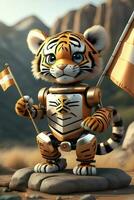 söt liten tiger djur- innehav flagga tillverkad förbi generativ ai teknologi foto