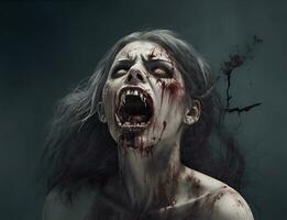 scarry zombie med blodig ansikte utomhus, närbild. halloween monster foto