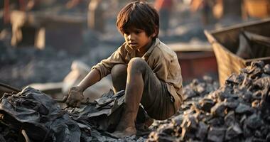 en minderårig barn är arbetssätt på hård tillstånd värld dag mot barn arbetskraft ai generativ foto
