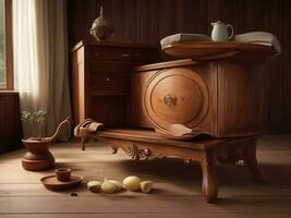 levande rum möbel från original- trä,ai generativ foto