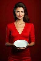 ung skön eleganta kvinna innehav ett tömma tallrik eller maträtt isolerat på röd bakgrund. ai genererad foto