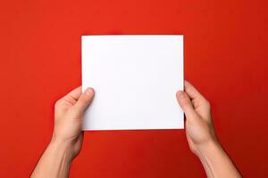 en mänsklig hand innehav en tom ark av vit papper eller kort isolerat på röd bakgrund. ai genererad foto