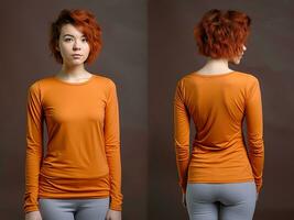 kvinna bär ett orange t-shirt med lång ärmar. främre och tillbaka se. ai genererad foto