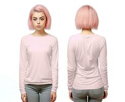 kvinna bär en rosa t-shirt med lång ärmar. främre och tillbaka se foto